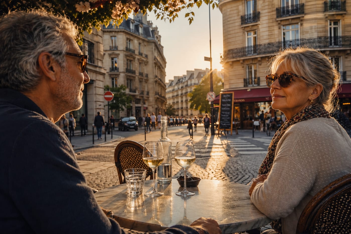 An older couple enjoying coffee at a sunlit outdoor cafe in a charming city square